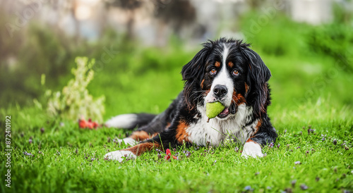 Bernese Mountain Dog with a pear in his mouth lying on the grass in the garden