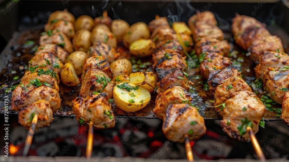 A plate of meat and potatoes on a grill. The meat is marinated and the potatoes are cut into small pieces. The grill is hot and the food is cooking A plate of meat and potatoes on a grill. The meat is marinated and the potatoes are cut into small pieces. The grill is hot and the food is cooking