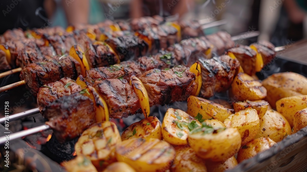 A plate of grilled meat and vegetables, including potatoes and onions, is being cooked on a grill A plate of grilled meat and vegetables, including potatoes and onions, is being cooked on a grill