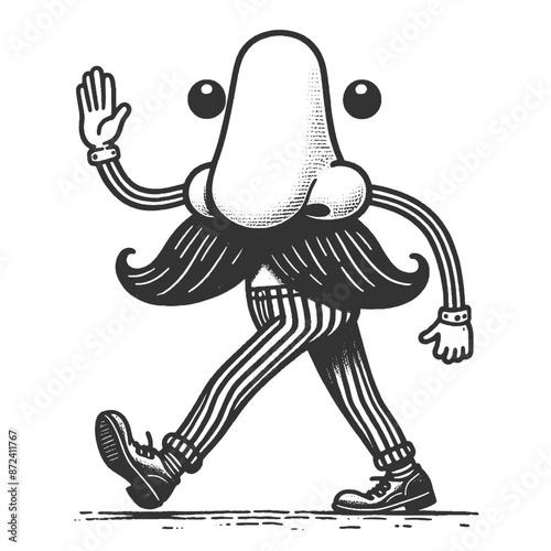 Human nose with mustache walks on its feet sketch engraving generative ai fictional character vector illustration. Scratch board imitation. Black and white image.