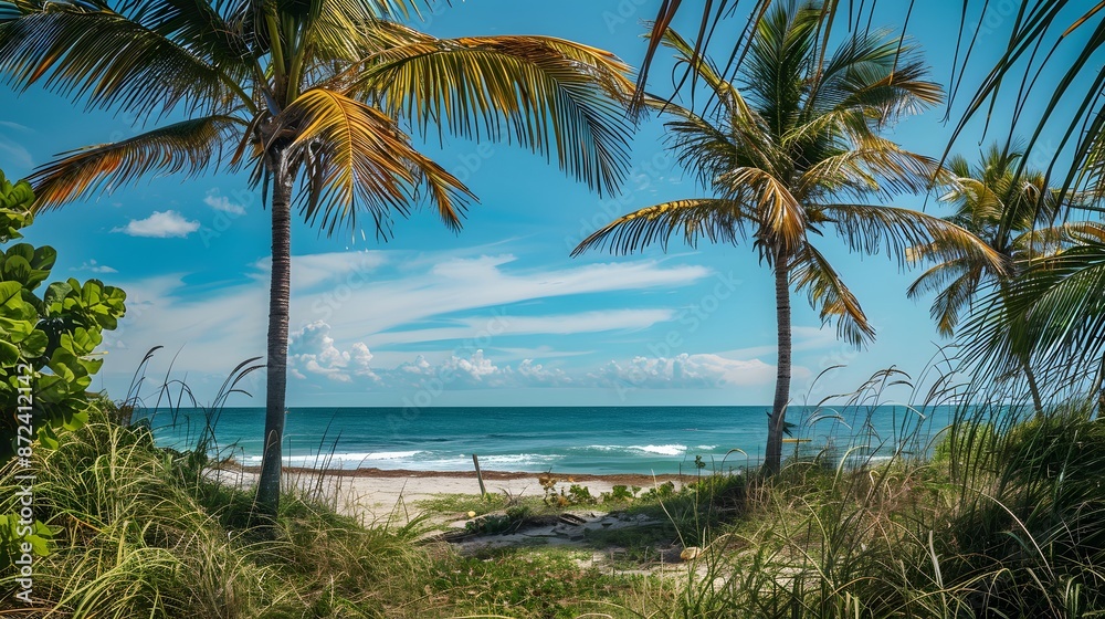 Fototapeta premium Palm Trees Framing Ocean View.