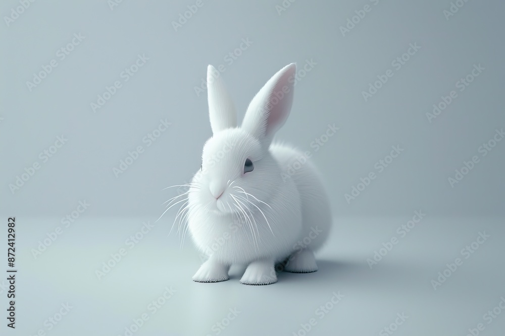 Obraz premium A white rabbit is sitting on a white background. The rabbit is looking at the camera. The image has a calm and peaceful mood
