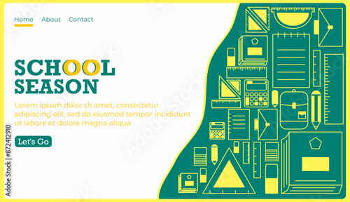 Vector illustration, colorful back to school landing page with illustrations of school equipment and an interesting concept, flat design style