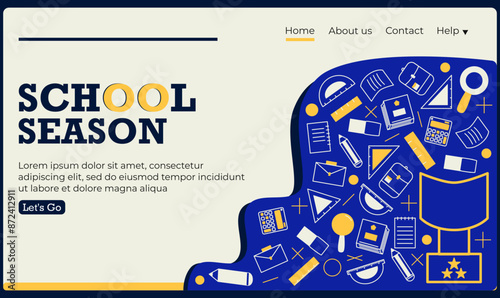 Vector illustration, colorful back to school landing page with illustrations of school equipment and an interesting concept, flat design style