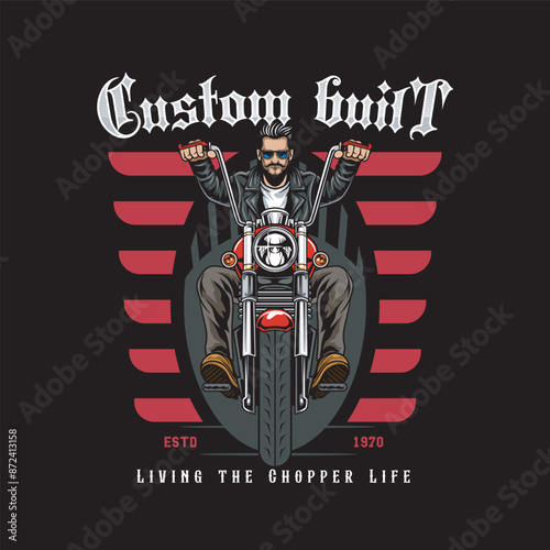 Vector Illustration of Man Riding Chopper Motorcycle in Front View with Vintage Illustration Available for Tshirt Design