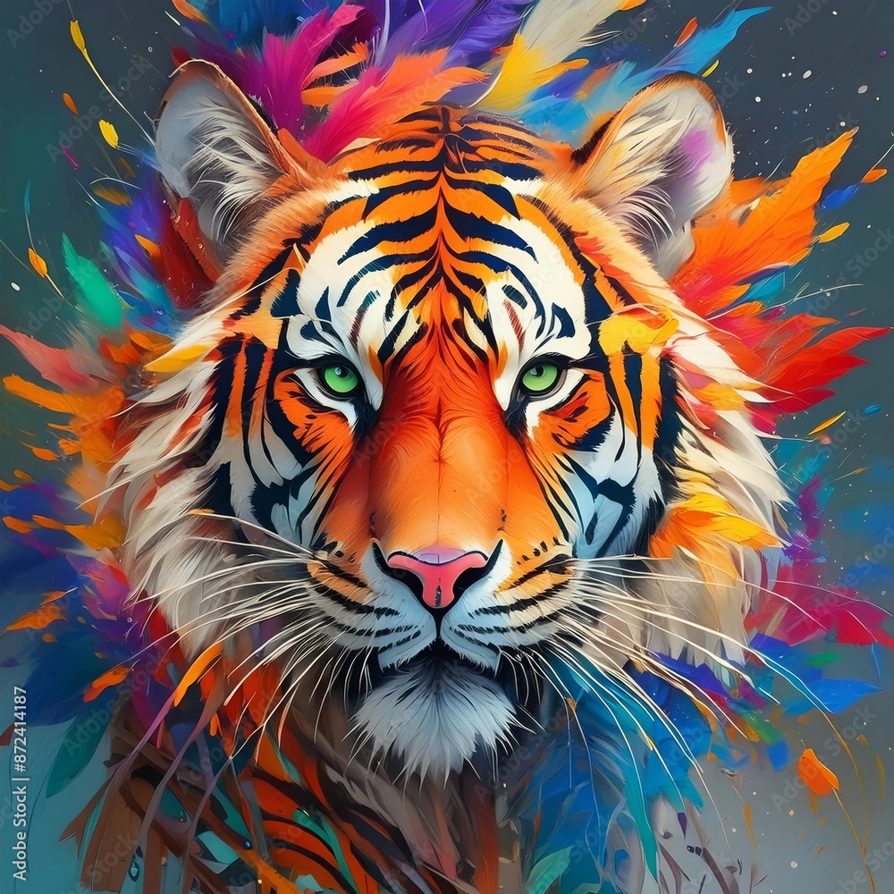 A colorful painting depicting the head of a tiger against a vibrant background, showcasing the beauty of this majestic feline in its natural environment A colorful painting depicting the head of a tiger against a vibrant background, showcasing the beauty of this majestic feline in its natural environment