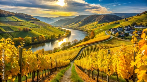 Golden October landscape in the vineyards of Mosel region with wine in autumn