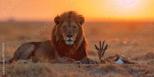 Lion and gazelle resting together on African plains under sunset. Concept Wildlife Photography, Sunset Scenes, Animal Relationships, African Savannah, Serene Moments photo
