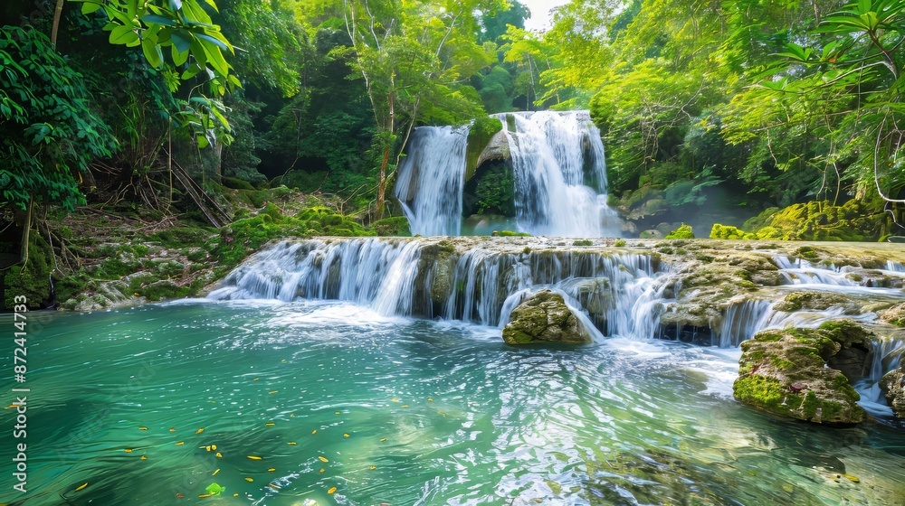 Fototapeta premium Enchanting waterfall in a lush rainforest, surrounded by vibrant greenery, cascading water, serene and captivating ambiance