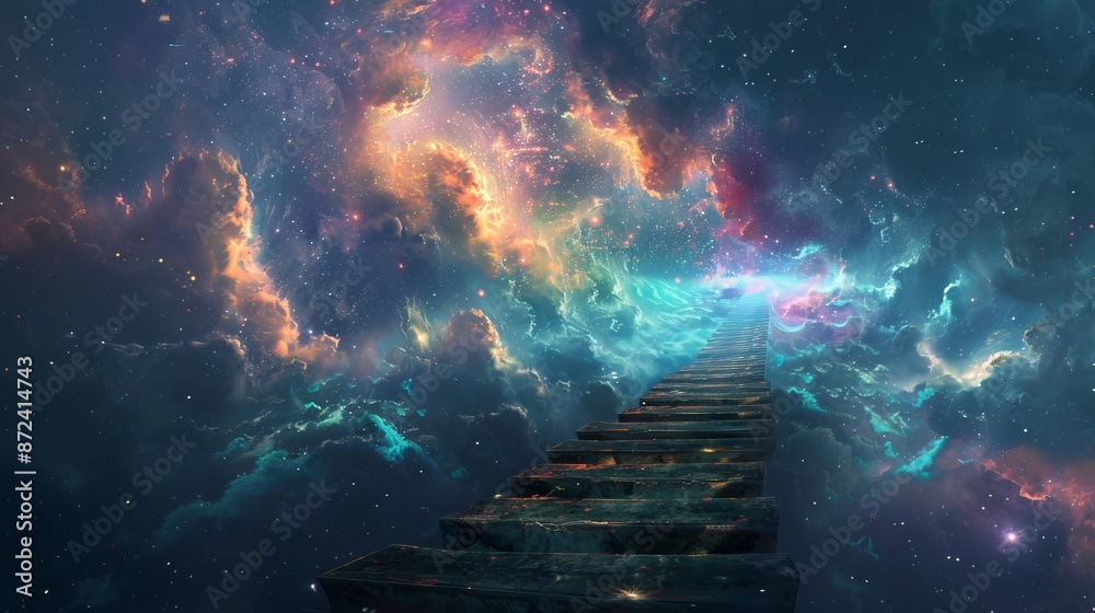Fototapeta premium Endless bridge extending through a cosmic void, connecting hidden worlds, detailed architecture, surreal and infinite