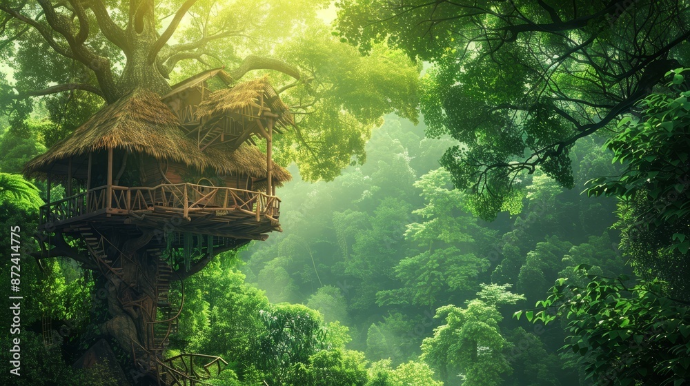 Exquisite tree house amidst vibrant green foliage, high in the forest canopy, perfect for landscape lovers, intricate details, tranquil and scenic Exquisite tree house amidst vibrant green foliage, high in the forest canopy, perfect for landscape lovers, intricate details, tranquil and scenic