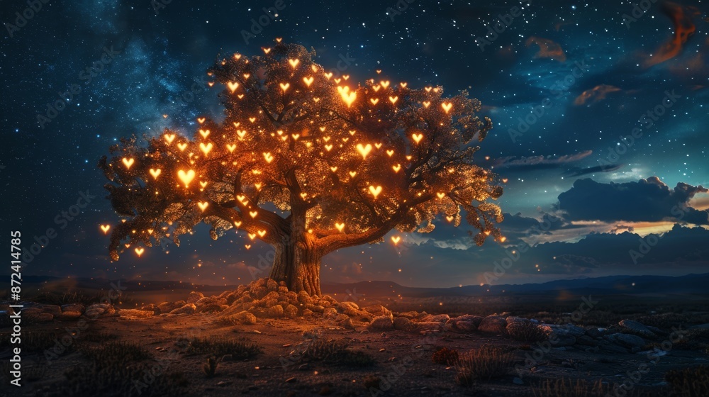 Fantasy tree with illuminated hearts, set in a nighttime desert, magical atmosphere, starry sky overhead, intricate details, enchanting and surreal Fantasy tree with illuminated hearts, set in a nighttime desert, magical atmosphere, starry sky overhead, intricate details, enchanting and surreal