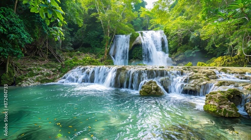 Enchanting waterfall in a lush rainforest, surrounded by vibrant greenery, cascading water, serene and captivating ambiance