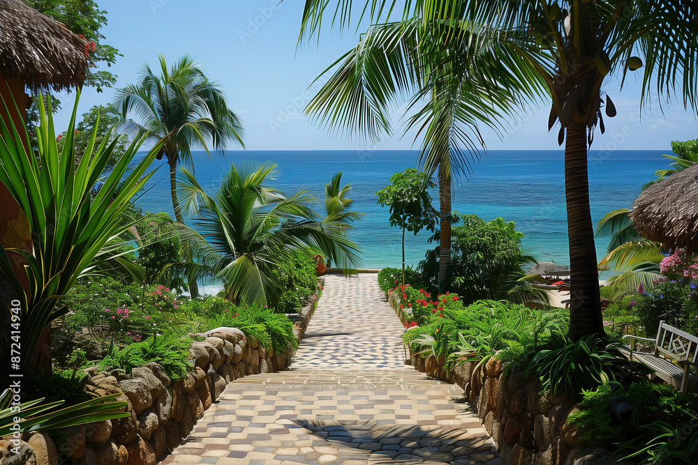 Obraz premium Scenic Tropical Beach Pathway with Palm Trees and Ocean View