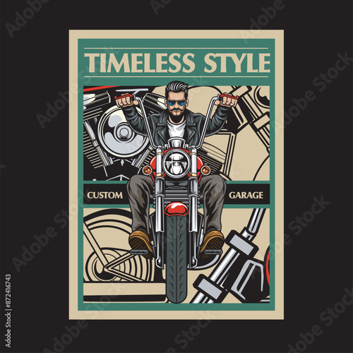 Vector Illustration of Man Riding Chopper Motorcycle in Front View with Vintage Illustration Available for Poster