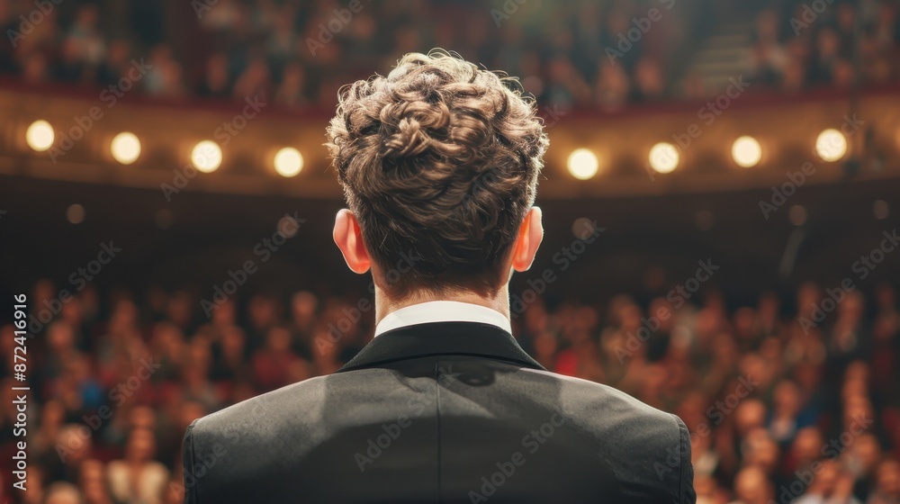 Rear view of a man in a suit addressing a large audience in a concert hall, with bright stage lights illuminating the scene. Rear view of a man in a suit addressing a large audience in a concert hall, with bright stage lights illuminating the scene.