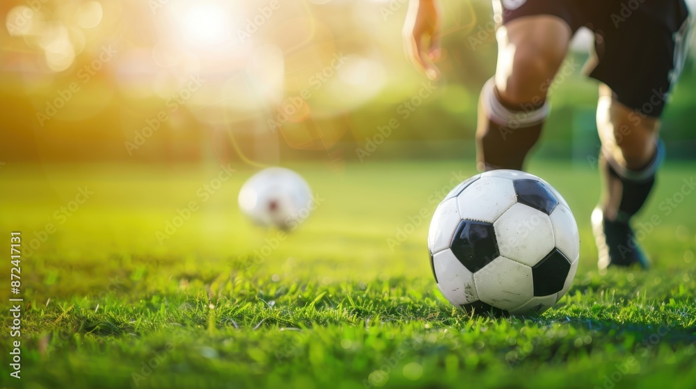 Fototapeta premium Close-up of a soccer ball on a grass field, with a player in action in the background under evening sunlight.