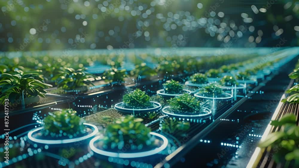 A smart warehouse on the farm equipped with 5G sensors monitoring the storage conditions of harvested crops ensuring quality and preventing spoilage.