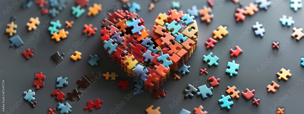 A heart figure made up of puzzle pieces, some in place and others scattered around.