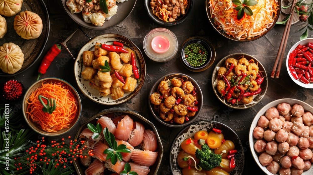 A table full of food with many different dishes, including some with chili peppers. The table is set for a feast, and the variety of food suggests that it is a celebration or a gathering of friends A table full of food with many different dishes, including some with chili peppers. The table is set for a feast, and the variety of food suggests that it is a celebration or a gathering of friends