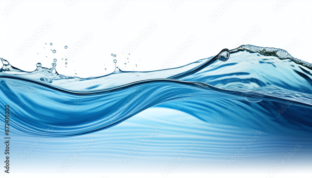 A graceful wave of crystal-clear water splashes against a white backdrop A graceful wave of crystal-clear water splashes against a white backdrop