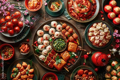 A table full of Asian food with a lot of different dishes. The table is set with many different plates and bowls, and there are many different types of food on the table