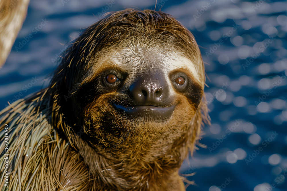 Close-up photo of a sloth with a blue watery background Close-up photo of a sloth with a blue watery background
