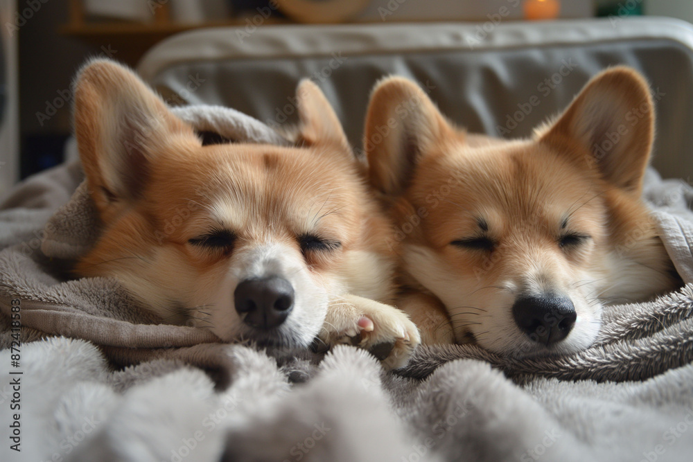 Two corgi dogs sleeping side by side on a gray plaid, covered with a blanket in pet SPA or hotel. The scene is serene and cozy, ideal for representing comfort and companionship. Copy space Two corgi dogs sleeping side by side on a gray plaid, covered with a blanket in pet SPA or hotel. The scene is serene and cozy, ideal for representing comfort and companionship. Copy space