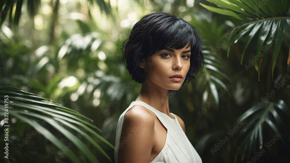 Portrait of a beautiful young model against a background of tropical leaves and nature. Fashion and beauty concept.