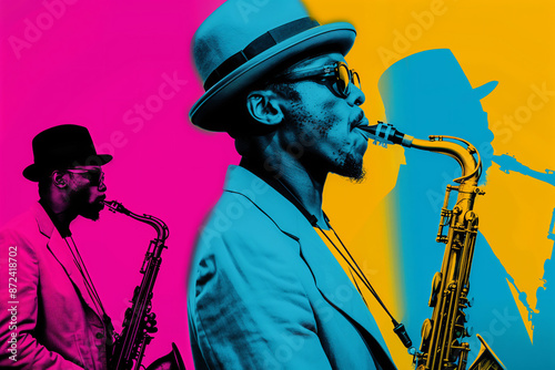 Jazz Saxophonist Performing Against Bold Pink and Yellow