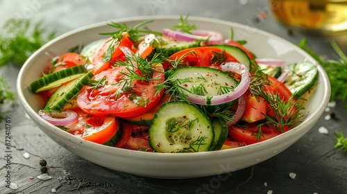 Fresh Cucumber and Tomato Salad with Red Onion and Dill in White Bowl