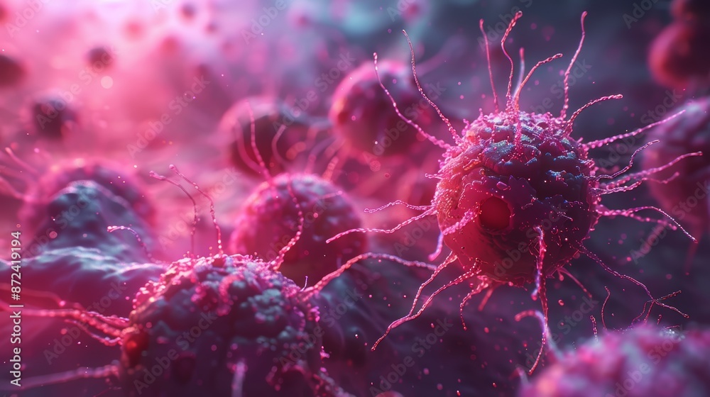 Microscopic view of cancer cells in vibrant pink hues. A graphic representation of cellular growth and division. Microscopic view of cancer cells in vibrant pink hues. A graphic representation of cellular growth and division.