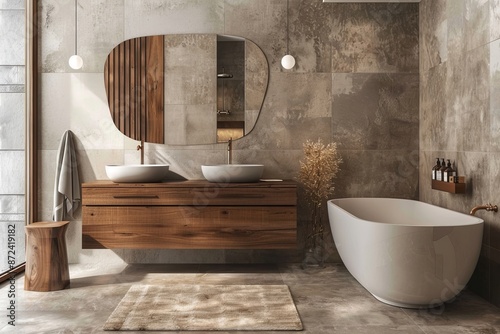 Interior of modern bathroom with wooden and concrete walls, tiled floor, comfortable white bathtub and double sink with round mirror. photo