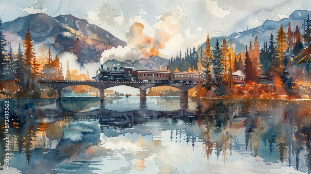 A steam train crosses a bridge over a river, surrounded by mountains and trees in a colorful landscape. A steam train crosses a bridge over a river, surrounded by mountains and trees in a colorful landscape.