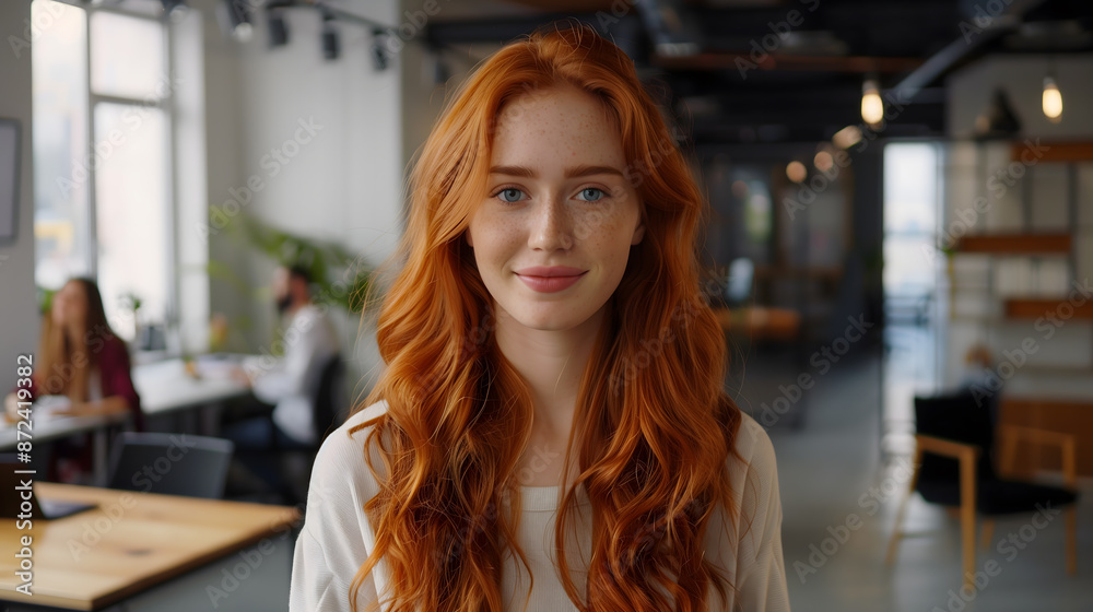 A beautiful red-haired woman smiling confidently in a modern office setting. A beautiful red-haired woman smiling confidently in a modern office setting.