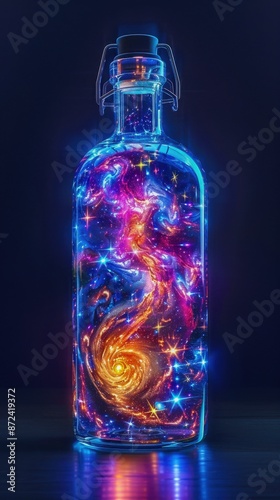 Cosmic Universe Encased in Glass Bottle with Cinematic Lighting photo