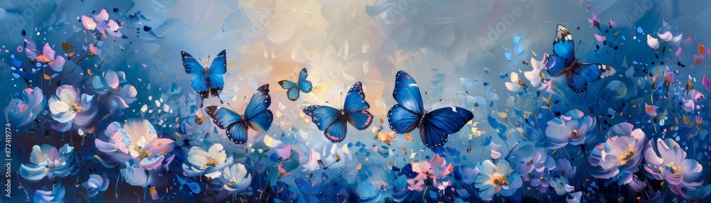 Blue butterflies flying among delicate flowers in a dreamy, ethereal setting. Blue butterflies flying among delicate flowers in a dreamy, ethereal setting.