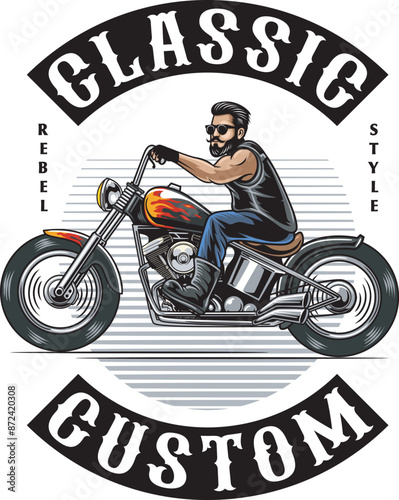 Vector Illustration of Man Riding Chopper Motorcycle with Vintage Illustration Available for Tshirt Design
