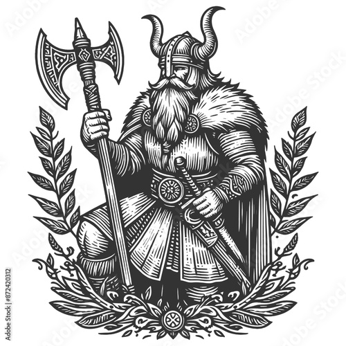 Viking warrior holding a decorated axe surrounded by intricate botanical elements sketch engraving generative ai fictional character vector illustration. Scratch board imitation. Black and white image