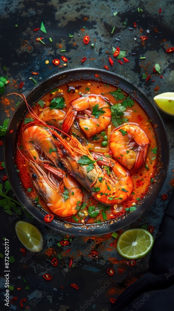 Delicious Spicy Prawn Curry Garnished with Fresh Herbs and Lime
