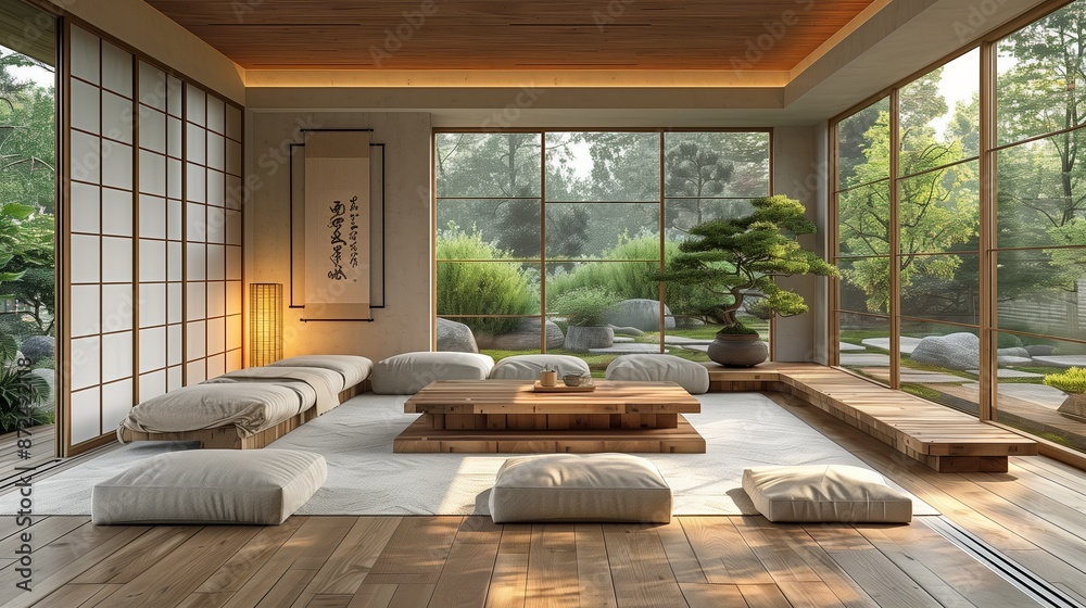 Fototapeta premium Modern Japanese Style Living Room With Floor Cushions and Garden View