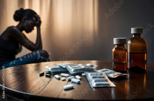 Close up of antidepressant medication, medicament and pills, capsules spread on table, with desperate depressed African woman holding her head in dark room, drug addiction due to stress and anxiety