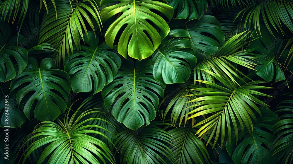 Artistic pattern of palm leaves in vibrant greens, creating a dynamic and exotic background texture perfect for beach and vacation-themed designs. , Minimalism, Artistic pattern of palm leaves in vibrant greens, creating a dynamic and exotic background texture perfect for beach and vacation-themed designs. , Minimalism,