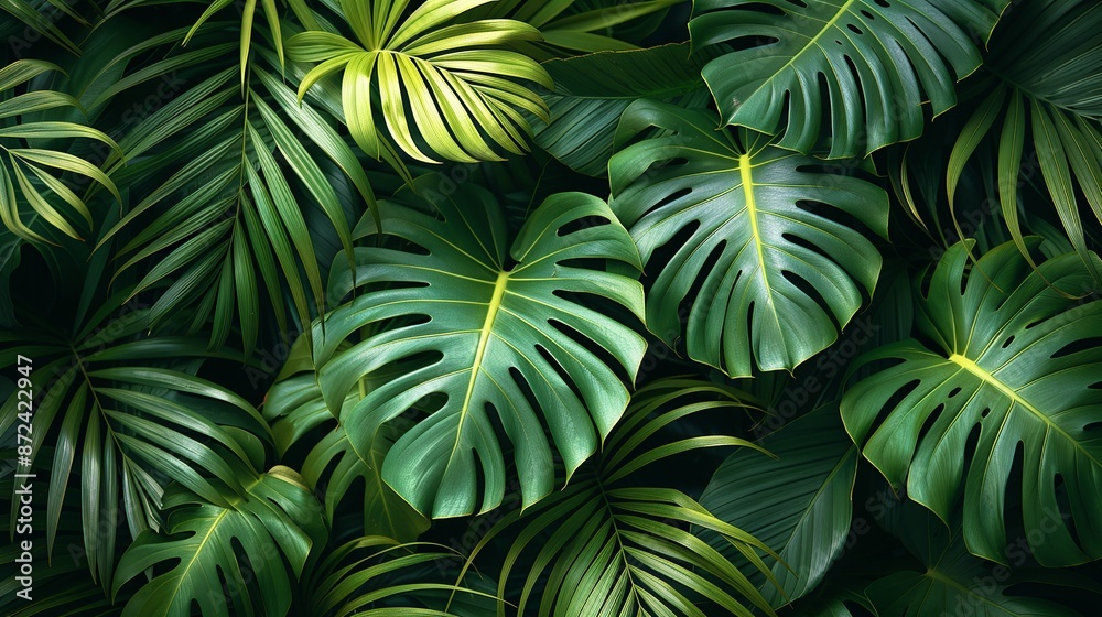 Artistic pattern of tropical palm leaves in vibrant greens, creating a dynamic and exotic background texture perfect for beach, vacation, and adventure-themed designs. , Minimalism, Artistic pattern of tropical palm leaves in vibrant greens, creating a dynamic and exotic background texture perfect for beach, vacation, and adventure-themed designs. , Minimalism,