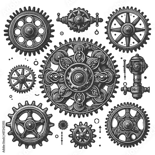 various steampunk gears and mechanical components, intricate design and industrial aesthetics sketch engraving generative ai vector illustration. Scratch board imitation. Black and white image.