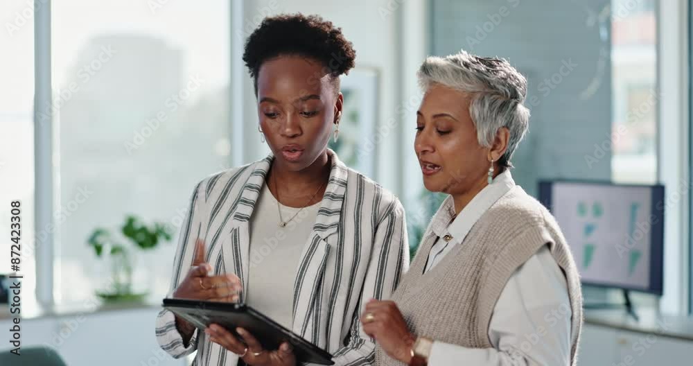 Tablet, business women and team training with mentor, discussion or planning at creative startup. Tech, diversity and engagement manager teaching worker with analysis, data or stats for learning info