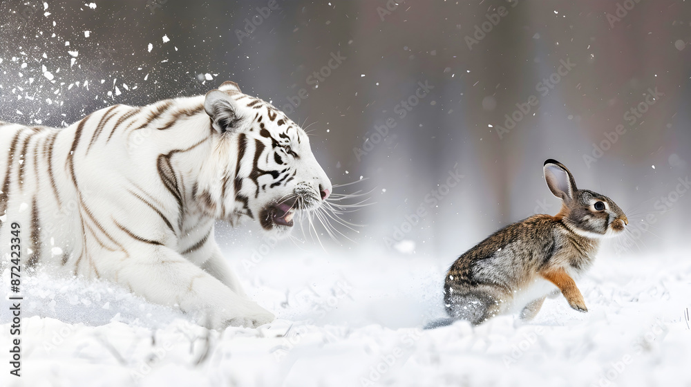 Obraz premium Fierce white tiger sprinting at high speed to catch a fleeing wild rabbit in a snowy icy winter landscape Predator and prey battle for survival in the wilderness