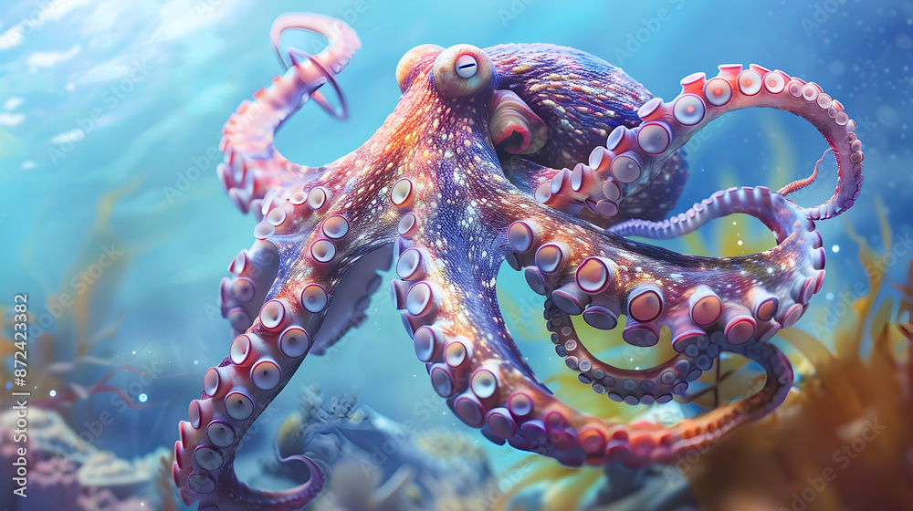 Powerful Octopus with Outstretched Tentacles Stalking Prey in the Vibrant Underwater Ecosystem of the Deep Sea Powerful Octopus with Outstretched Tentacles Stalking Prey in the Vibrant Underwater Ecosystem of the Deep Sea