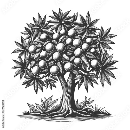 dense orange tree, rich with fruit and detailed foliage sketch engraving generative ai vector illustration. Scratch board imitation. Black and white image.