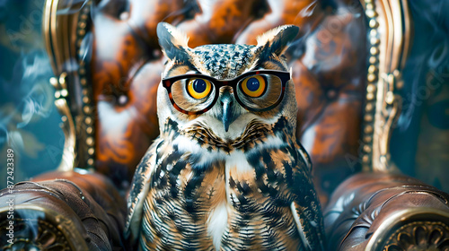 Stylish Owl Monarch Sitting on the King s Throne Wearing Formal Business Attire and Fashionable Glasses Against a Textured Background with Copy Space photo